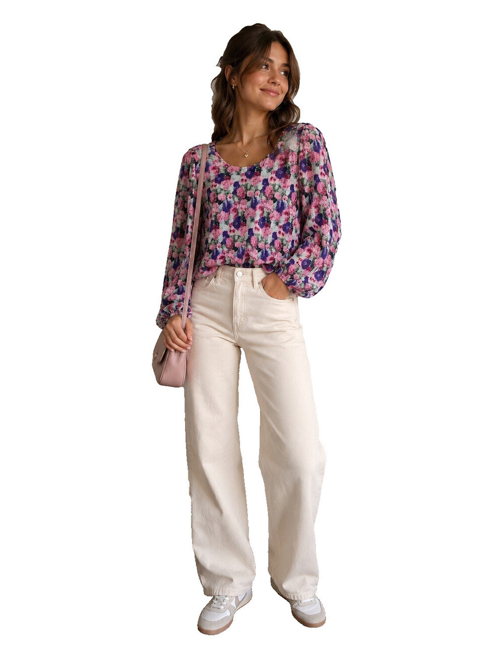 WAYF Floral Plisse Pleated Blouse Womens Zip Back Balloon Sleeve Top Polyester